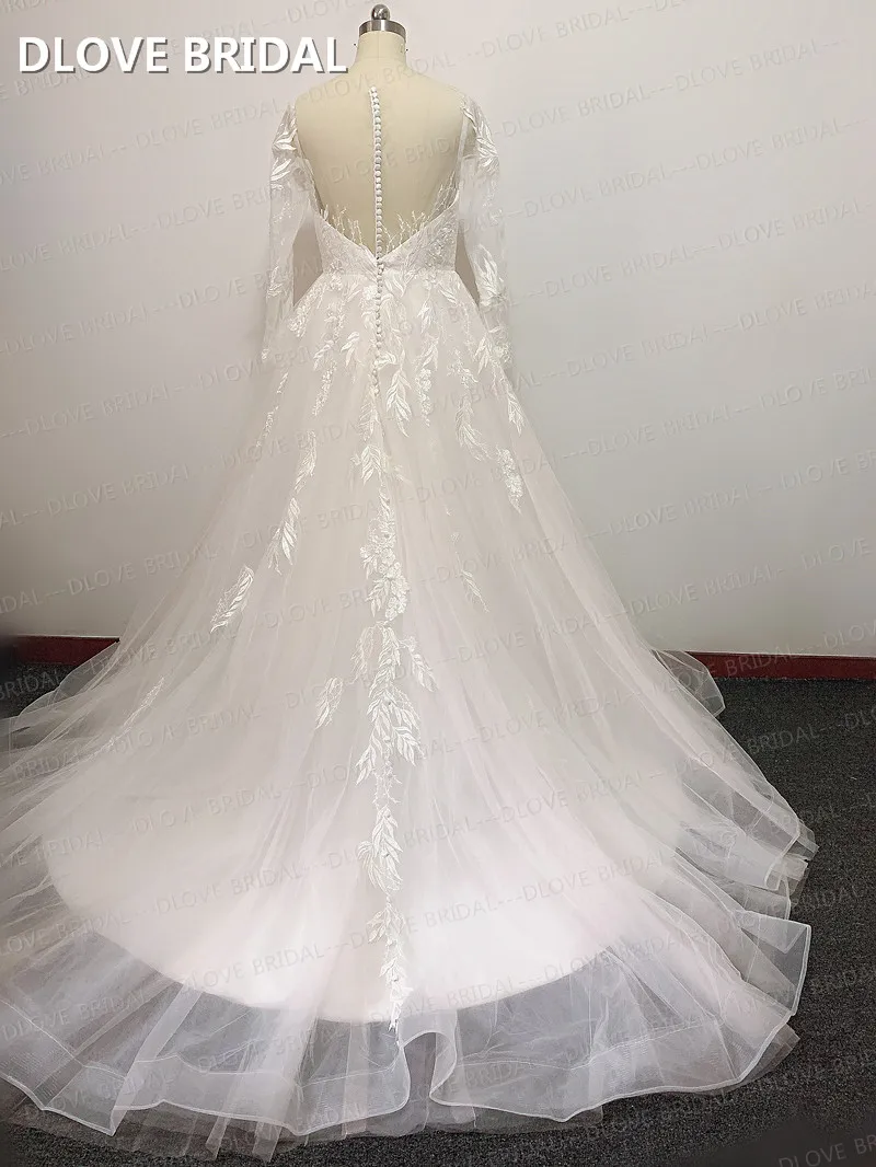 Vestido de novia de línea A, manga larga, ilusión con clase, apliques de encaje con lentejuelas, fotos reales de fábrica