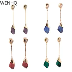 WENHQ Long Gold Color Clip on Earrings Without Piercing for Women Korea Style Crystal Cuff Fake Earrings Bridal Wedding Ear Clip