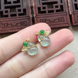 The designer's unique creativity, pure natural inlaid chalcedony gourd ice through earrings, elegant light luxury charm jeweler