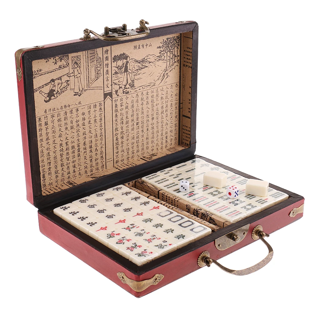 Chinese Antique Mahjong Board Game 144 Mahjong in 23x16.2x4.5cm Wooden Box for Pinic Camping Family Fun Games