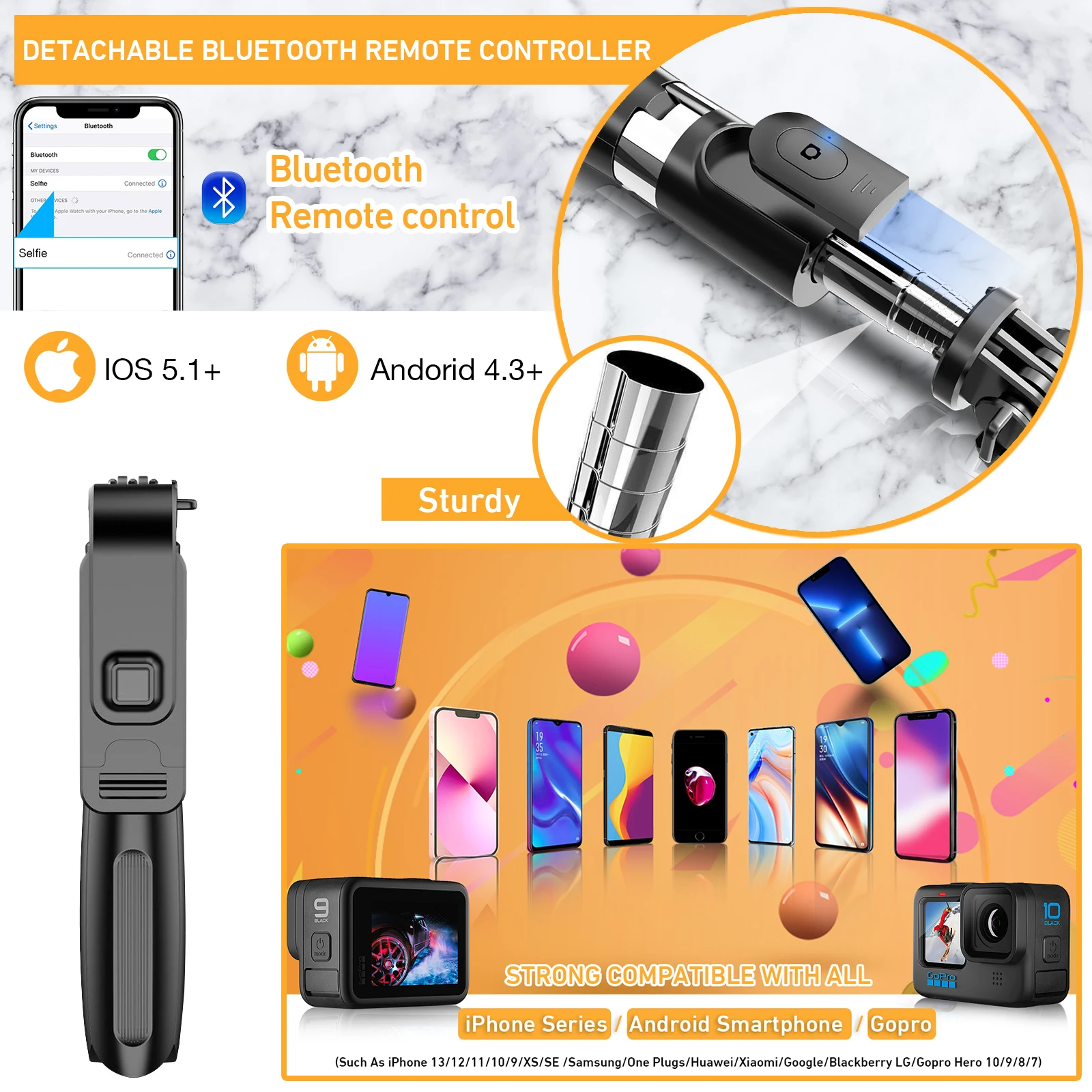 휴대용 확장형 Selfie 스틱 삼각대 원격 셔터 아이폰 13 12 안드로이드 삼각대 스탠드 여행 파티