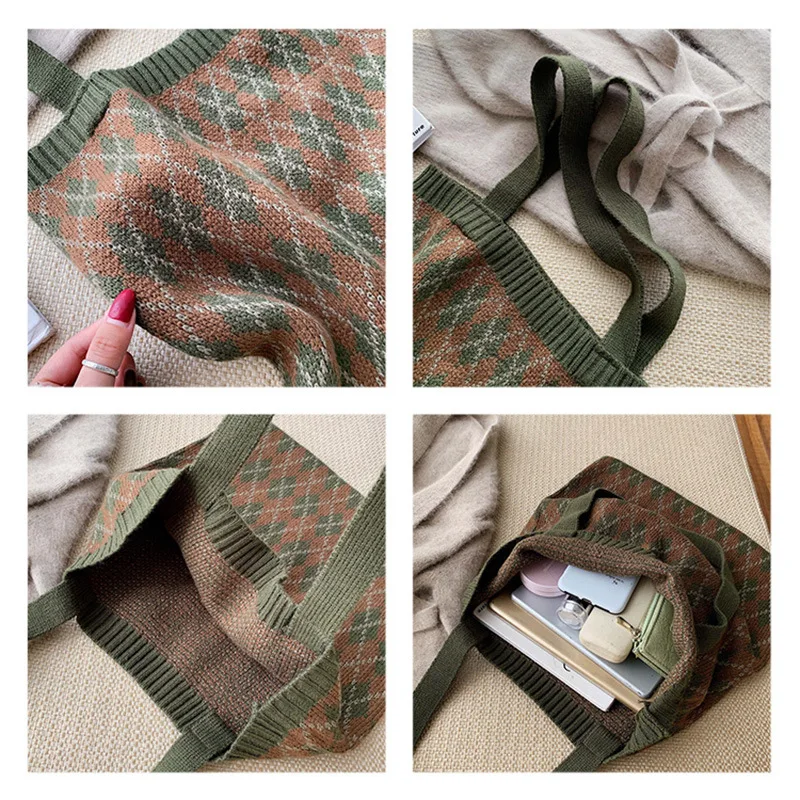 YoReAi Women\'s Shopper Shopping Bag Knitting Soft Shoulder Bags Female Handbags Plaid Autumn Storage Reusable Light Tote Pack