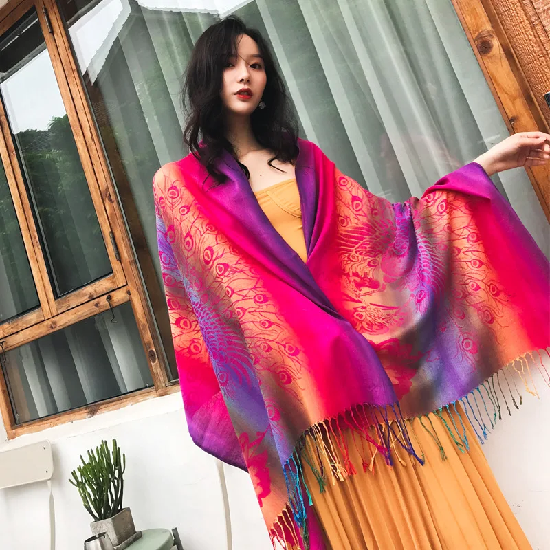 Color Gradient Peacock Ladies Bohemian Ethnic Style Shawl Korean Jacquard Scarf Scarves For Ladies Luxury Brand Bufanda Шарф