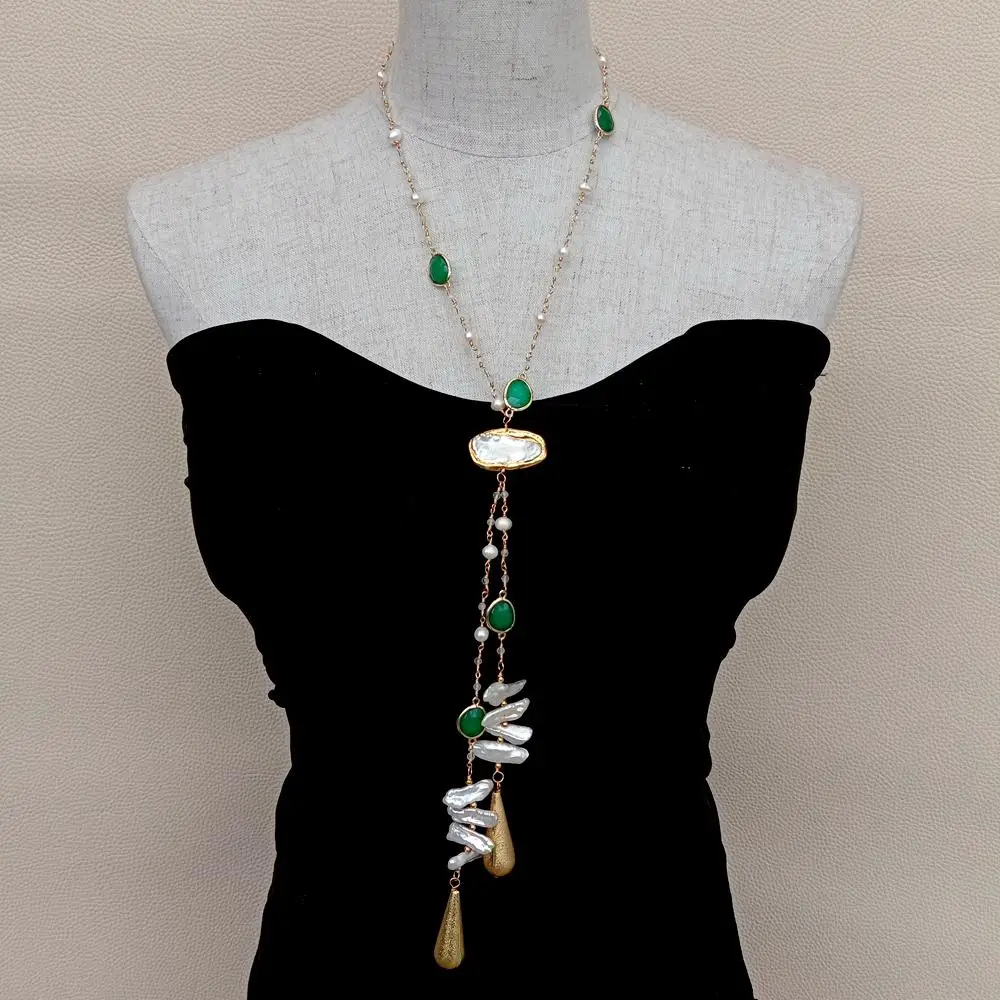 Y·YING natural Cultured White Biwa Pearl Green Jade Rosary Chain long Necklace 21\