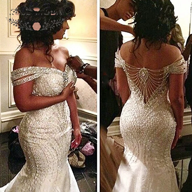 Luxury Crystal Beaded Off Shoulder Mermaid Wedding Dress 2023 White Bridal Dresses vestido de novia