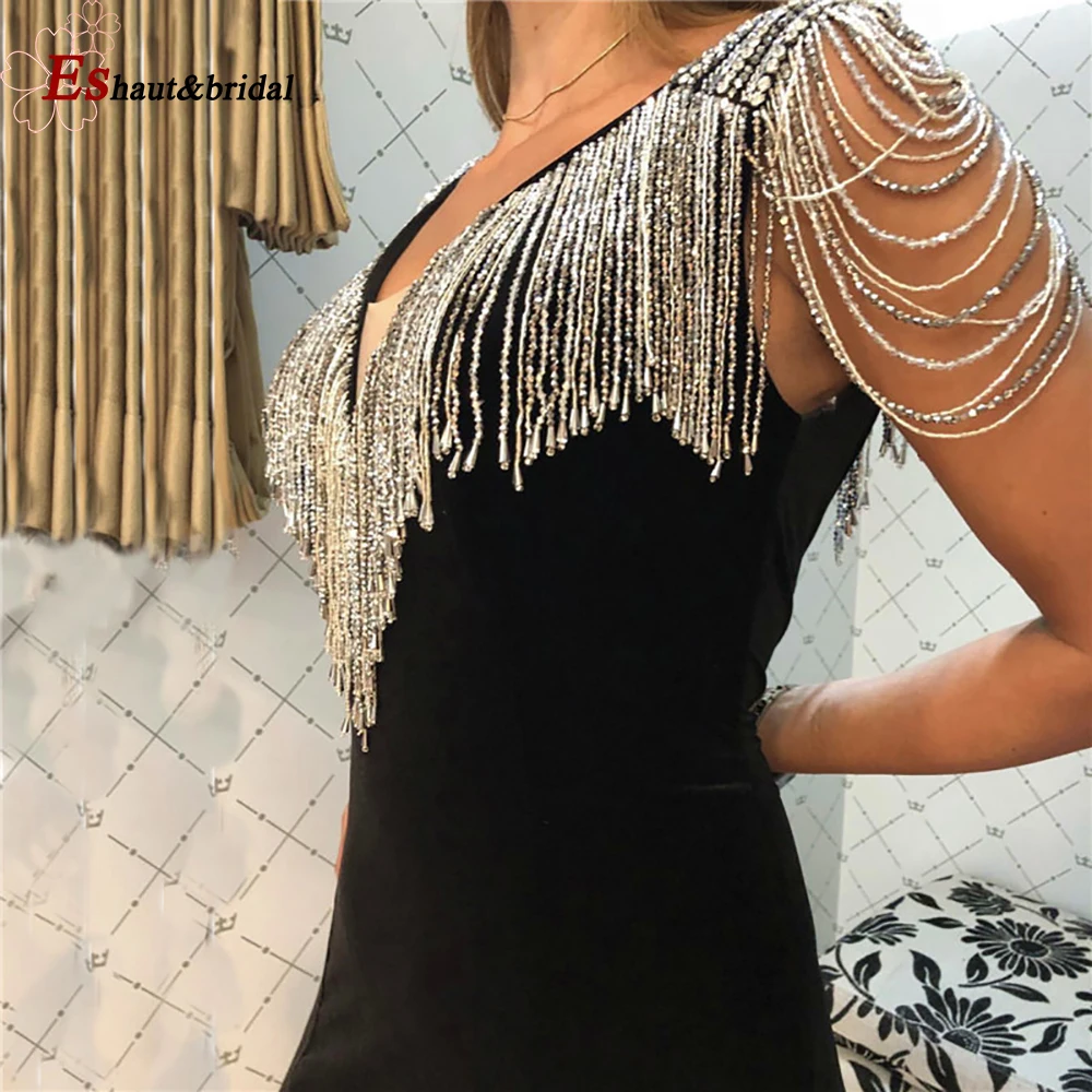 Vestido de noche de sirena con cuello en V para mujer, elegante vestido de noche con cuentas de cristal, borlas de terciopelo, largo, Formal, para fiesta de graduación y boda, 2023