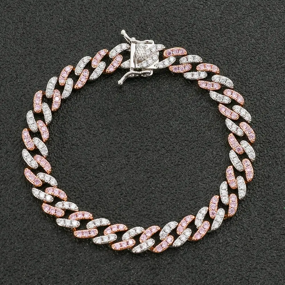 

Fashion Jewelry 9mm Pink Multi Cubic Zirconia Cuban Link Chain Bling Bracelet Hiphop Copper Bangle Iced Bling for Men Women