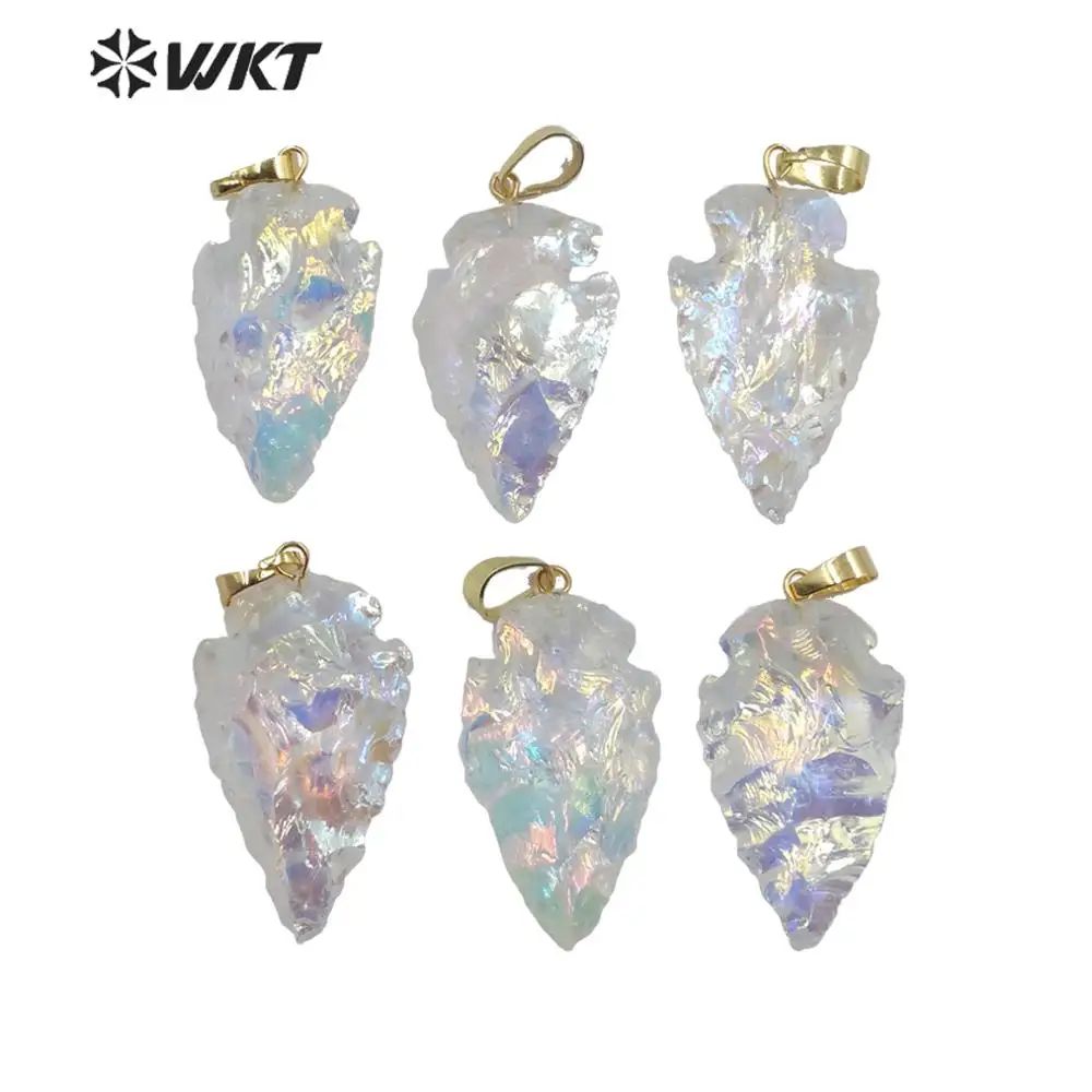WT-P1542 gorgeous natural raw crystal quartz with Aura plated pendant arrow shape pendant clear stone beautiful woman pendant