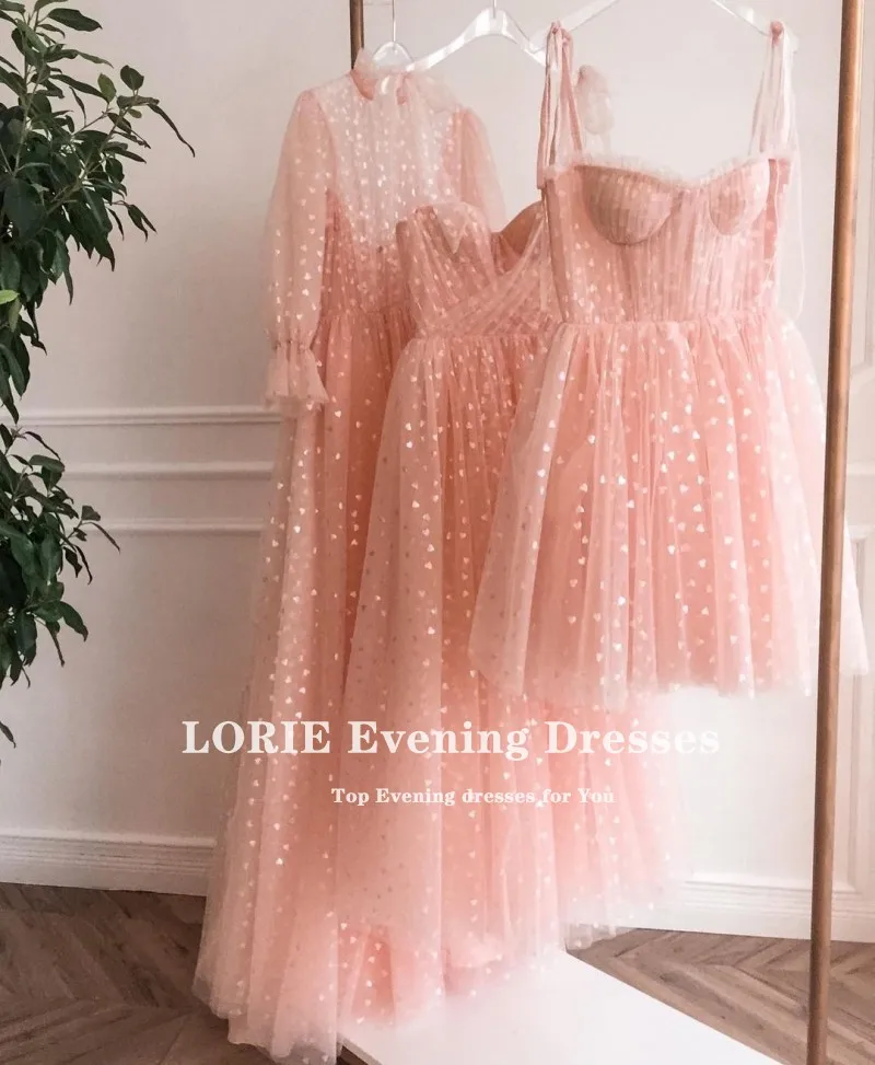 LORIE Shiny Fairy Prom Dresses High Neck Peach Tulle A-Line Short Sleeves Arabic Wedding Party Gown for Graduation