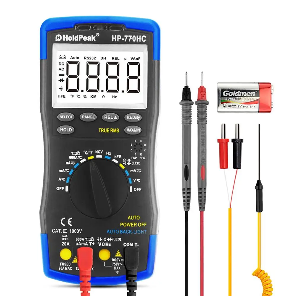 HoldPeak-HP-770HC Handheld Digital Multimeter, Auto Range, LCD Backlight, Portable AC/DC Ohm Voltage Tester Meter, Multimeter