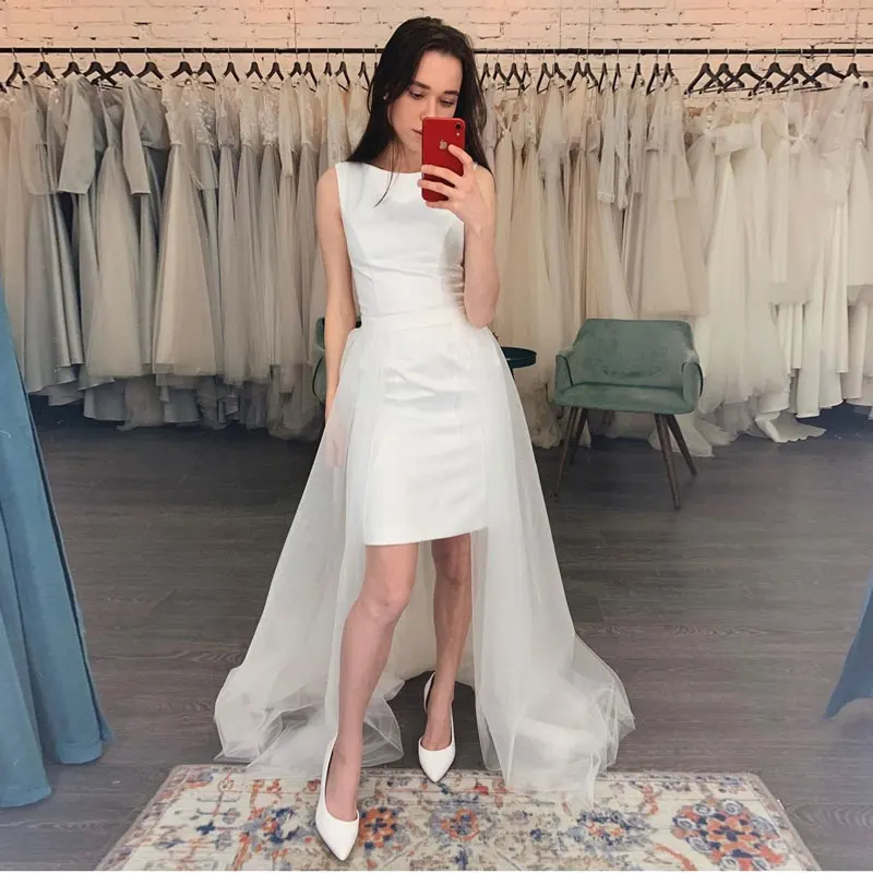 Đơn Giản Satin Ngắn Váy Áo Cổ Tròn Свадебное Платье Áo Dây De Soirée De Mariage Đầm Vestido De Noiva Cô Dâu Bầu