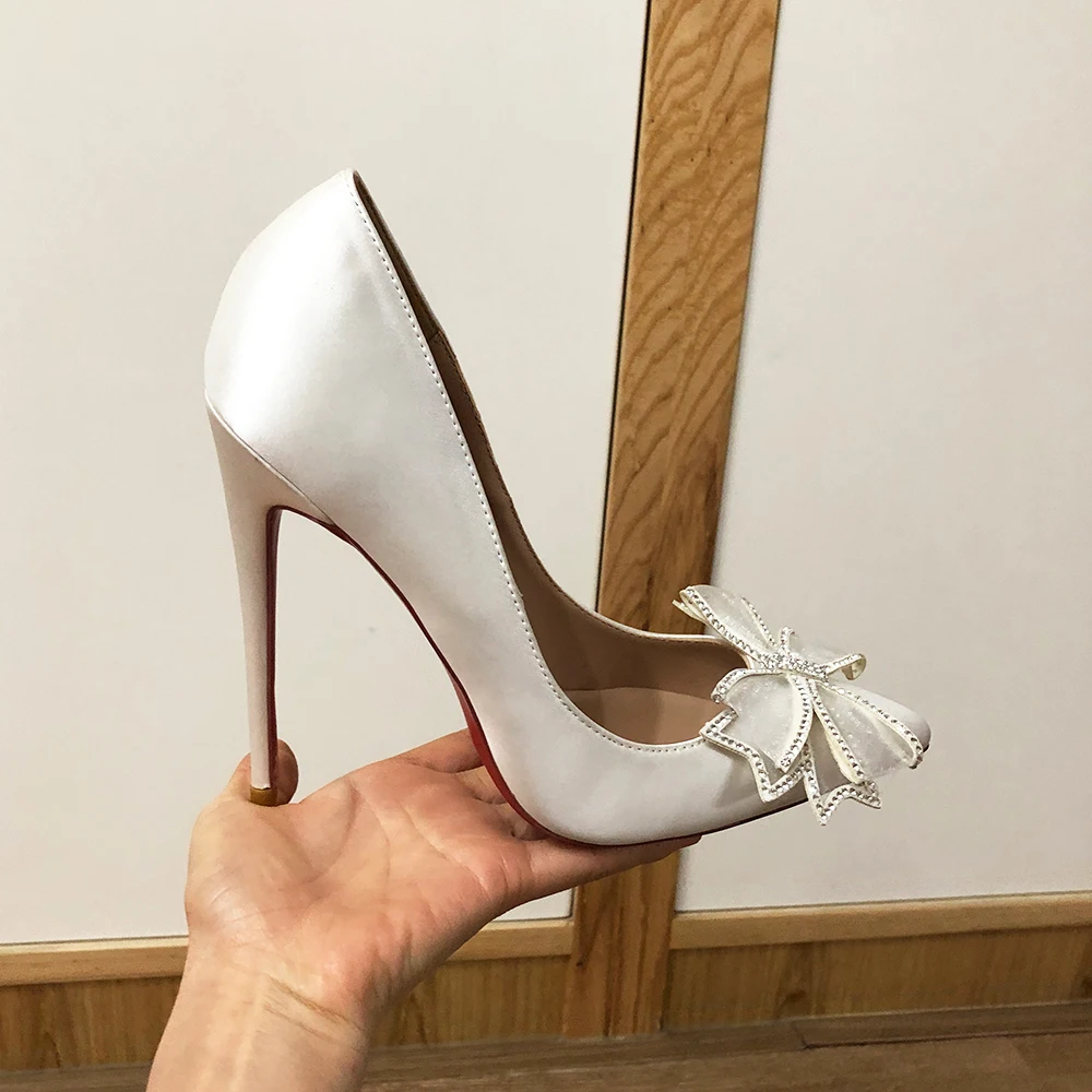 Veowalk White Satin Women Butterfly Bow Pointy Toe Stiletto Pumps Elegant Ladies Slip On Low Vamp High Heel Wedding Dress Shoes