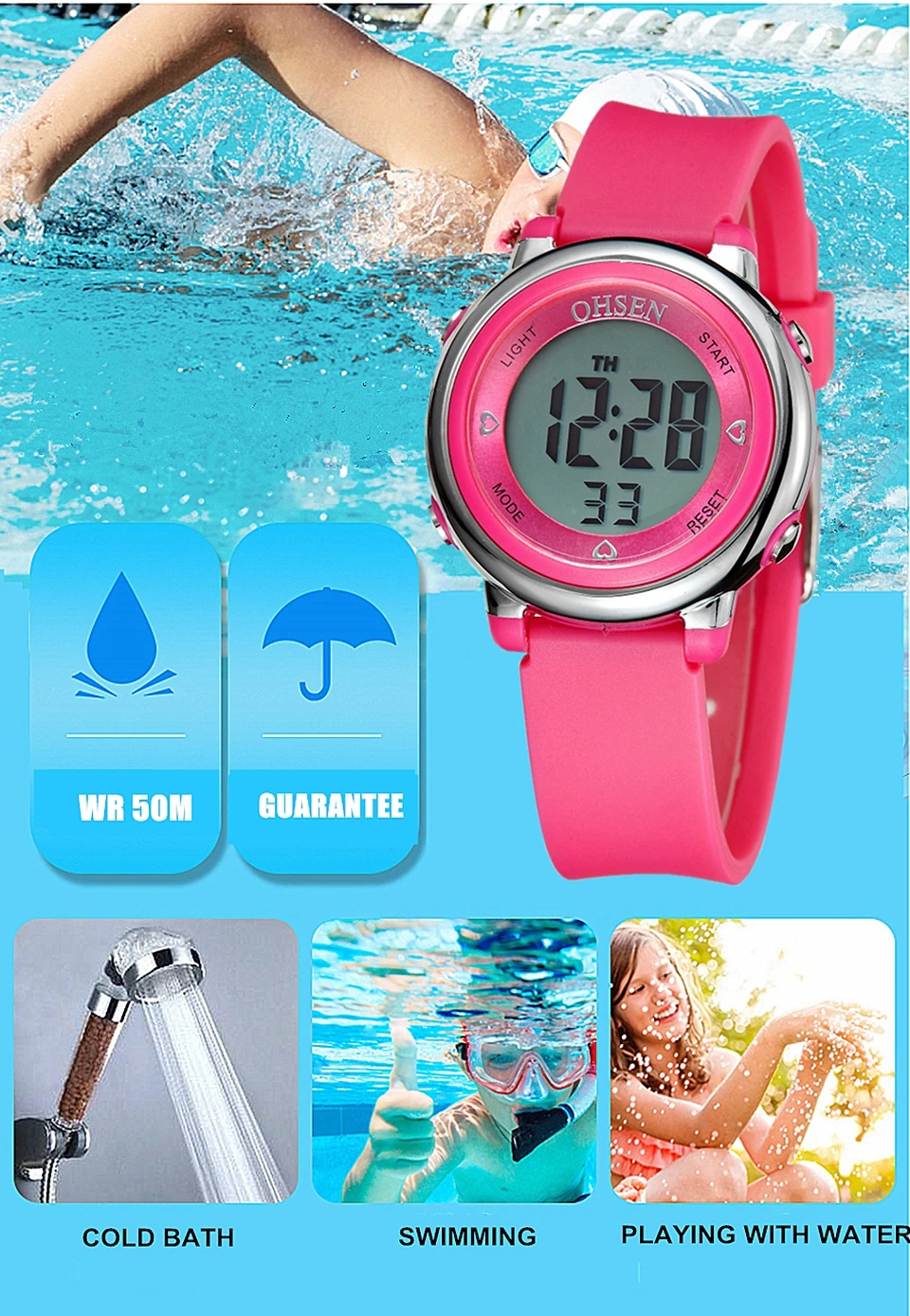 Reloj deportivo digital LCD para niña y mujer, pulsera con correa de silicona púrpura, de dibujos animados, regalo para niños, 50M, nuevo diseño