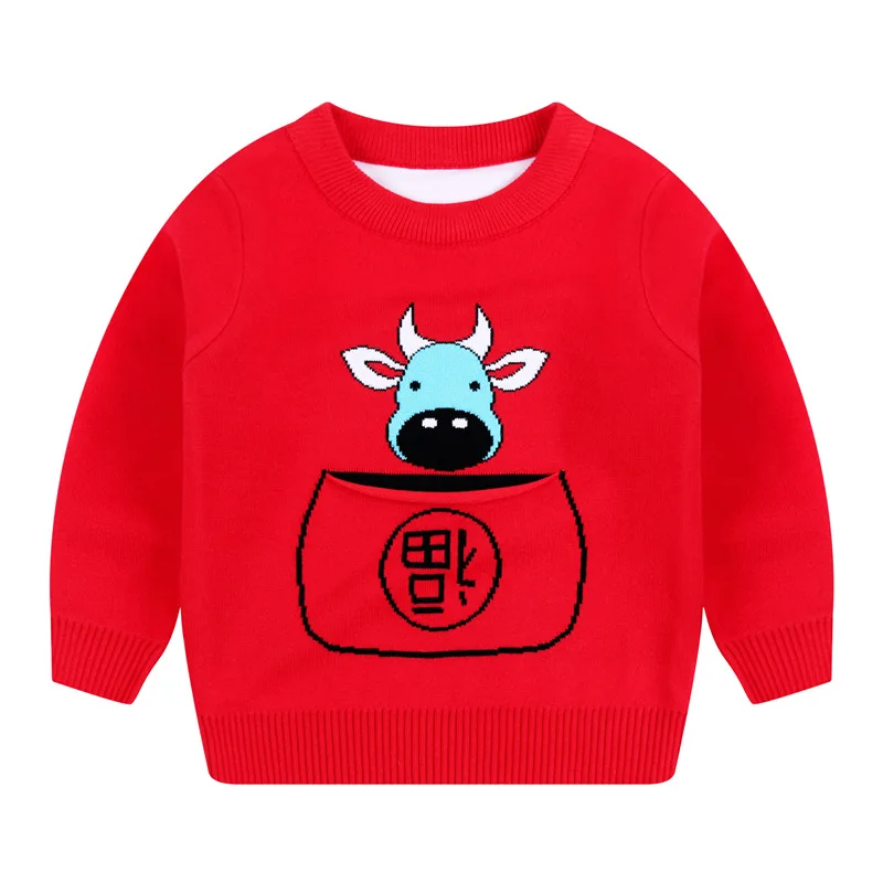 

Chinese New Year Fortune Cow Boys Sweaters Cotton Winter Girls Pullover Children Knitted Wear Kids Clothes