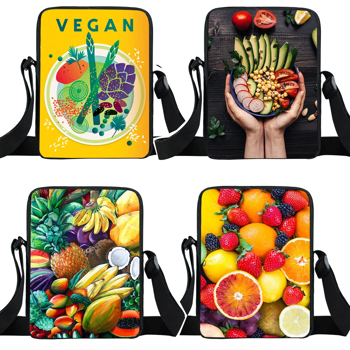 Vegetarianism Fruit Print Shoulder Bag Women Handbag Vegan Teenager Girls Leisure Messenger Bag Ladies Crossbody Bags for Travel