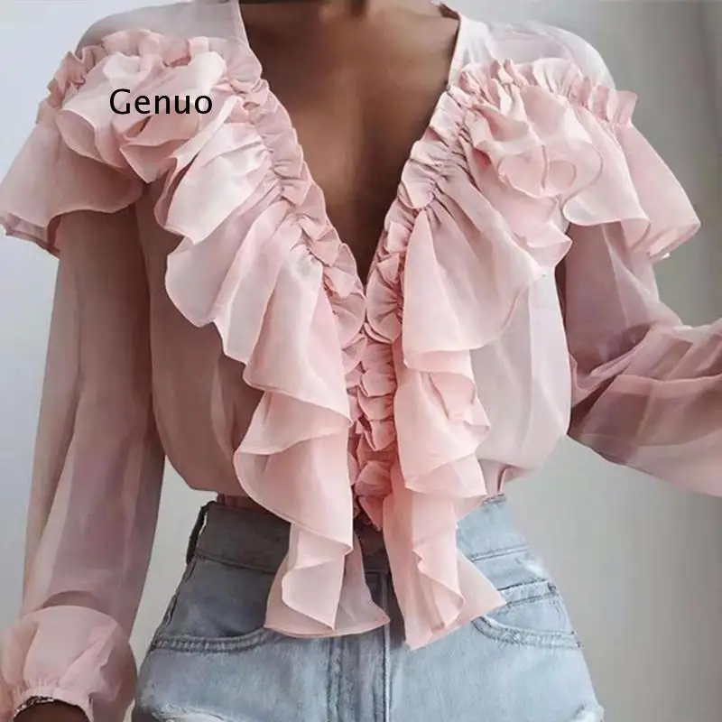 

Summer Women Elegant Chiffon Shirt Female Stylish Flounce Top Solid Color V-Neck Sun Protection Long-Sleeved Fairy Blouse