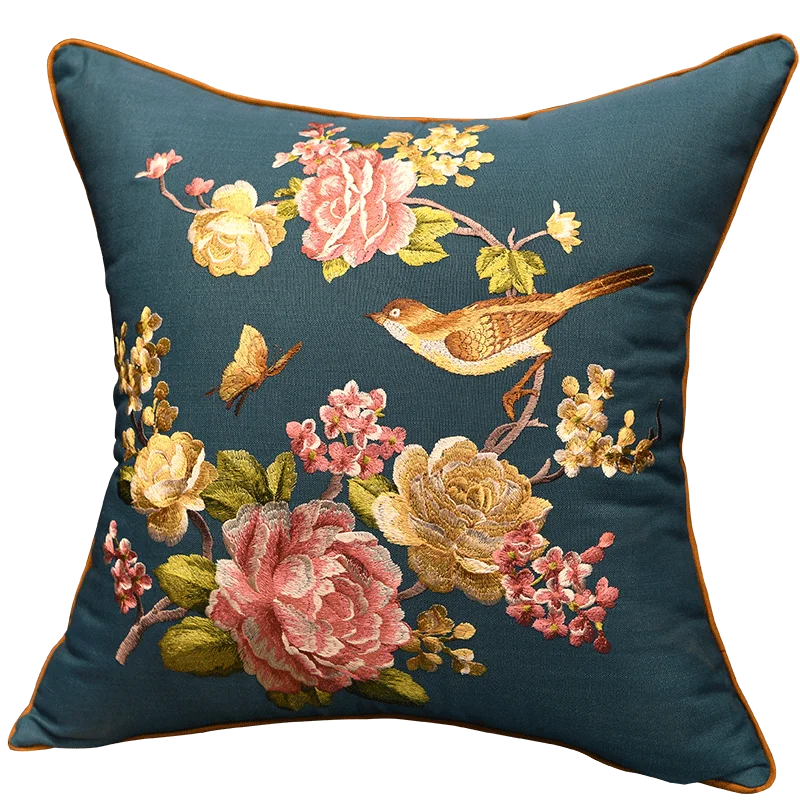 Chinese flower bird embroidered cushion cover cotton linen pillow cover sofa lumbar pillowcase 60x60cm