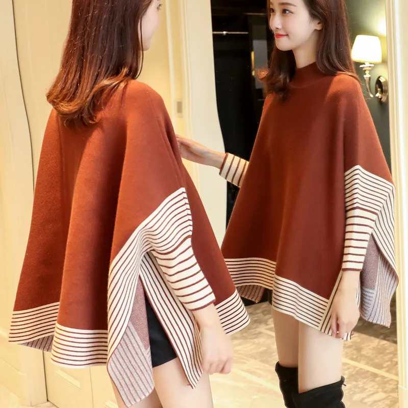 Wholesale Autumn Loose OutStriped Knitted Pullover Cloack Turtleneck Sweater Poncho Multifunctional Long Women's Cape Coat Mujer