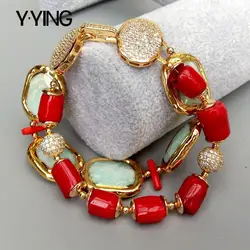 Y·YING Natural Green Amazonite Red Coral Rectangle Strand Bracelet 8.5