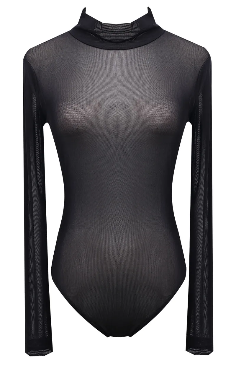 Womens Long Sleeve Sheer Mesh Stretch Bodysuit Ladies Leotard Body Top