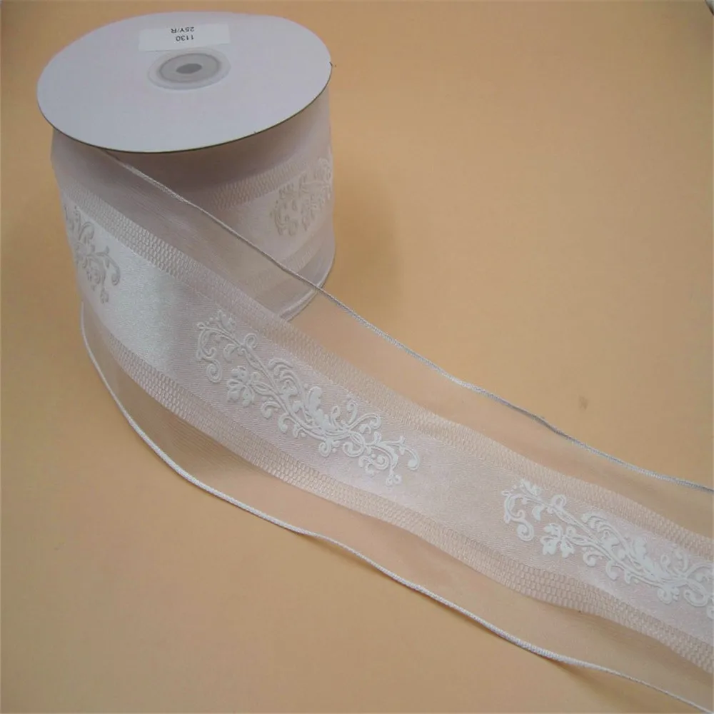 63mm X 25yards Wired White Organza Edge Satin Ribbon With Flower Printing. Gift Bow,Wedding,Cake Wrap,Tree Decoration N1130 image 4