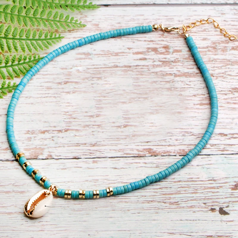 Beach Shell Beaded Choker Turquoises Choker Necklace Dainty Hippie Boho Choker Necklace Hippie Beach Jewelry