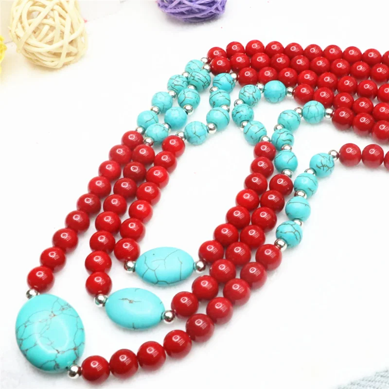 New arrival red artificial coral charms calaite stone turquoises 8mm beads diy semi-precious necklace making 18 inch BV113