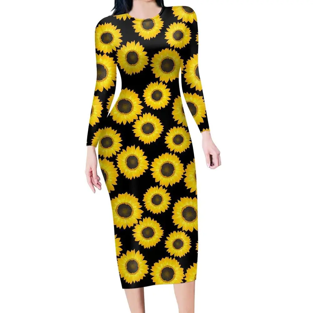 HYCOOL Yellow Sunflower Print Dress for Women Long Sleeves Luxury Fashion Sexy O Neck, Designer Clothes Custom Wholesale Winter