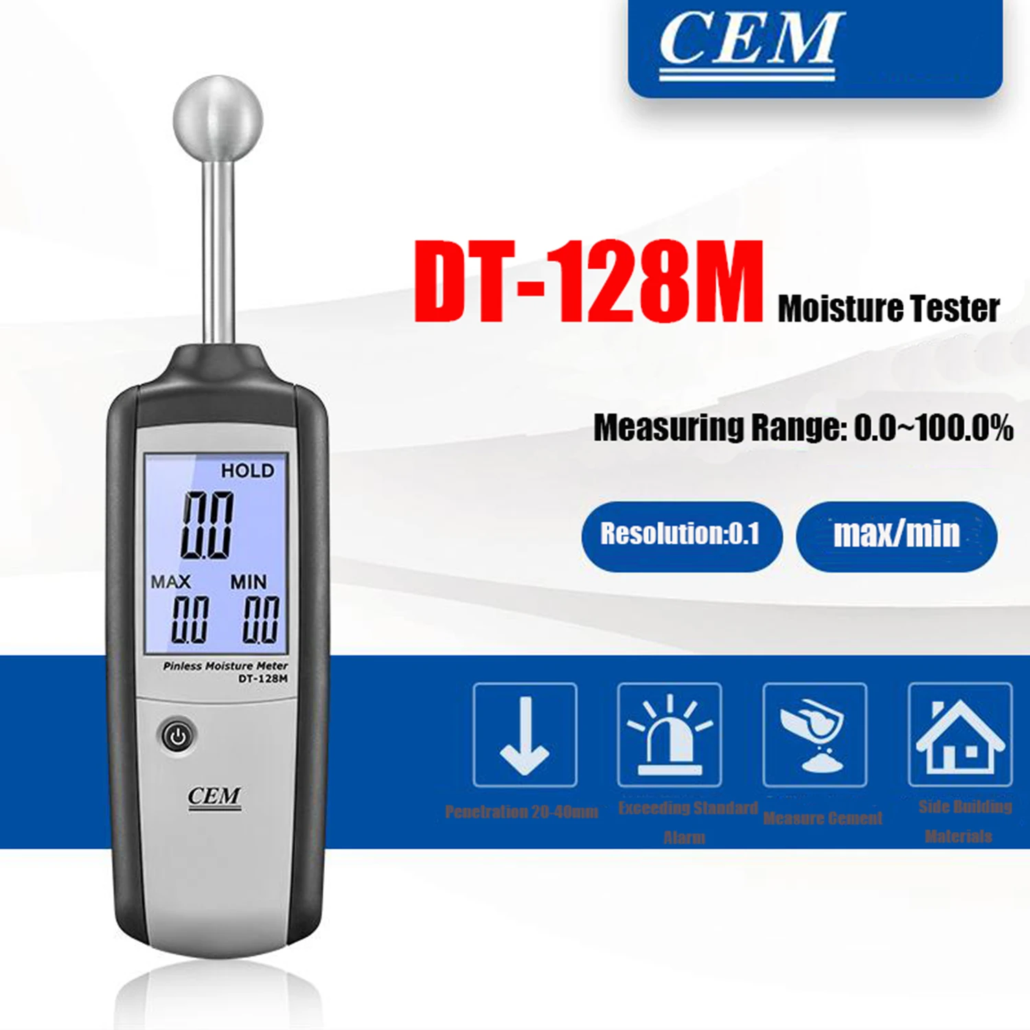 CEM DT-128M Non-Contact Inductive Moisture Tester Wood Engineering Gypsum Cement Nondestructive Hygrometer Material,New.