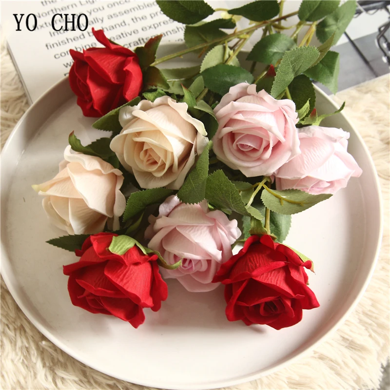 YO CHO Fake Rose Flower Artificial Silk Flowers DIY Wedding Bride Bouquet Burgundy Champagne Rose Flower Arrangement Home Decor