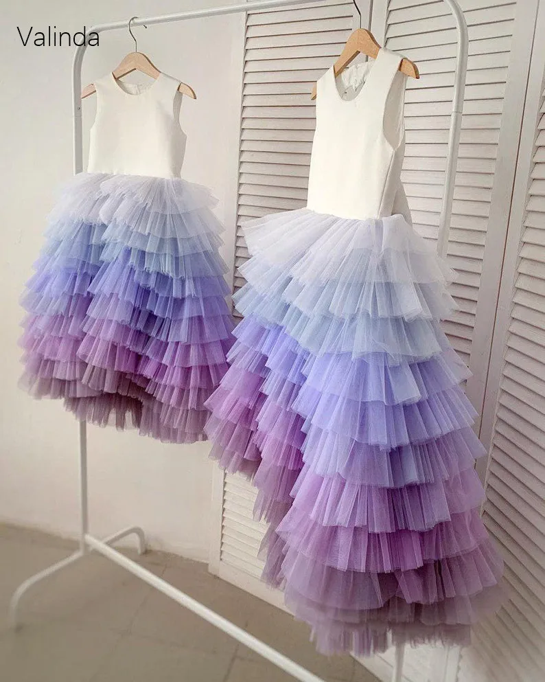 Heart Back Girl Dress for Birthday Party Ombre Tiered Tulle Skirt Formal Occasion Pageant Gowns Kids Costume