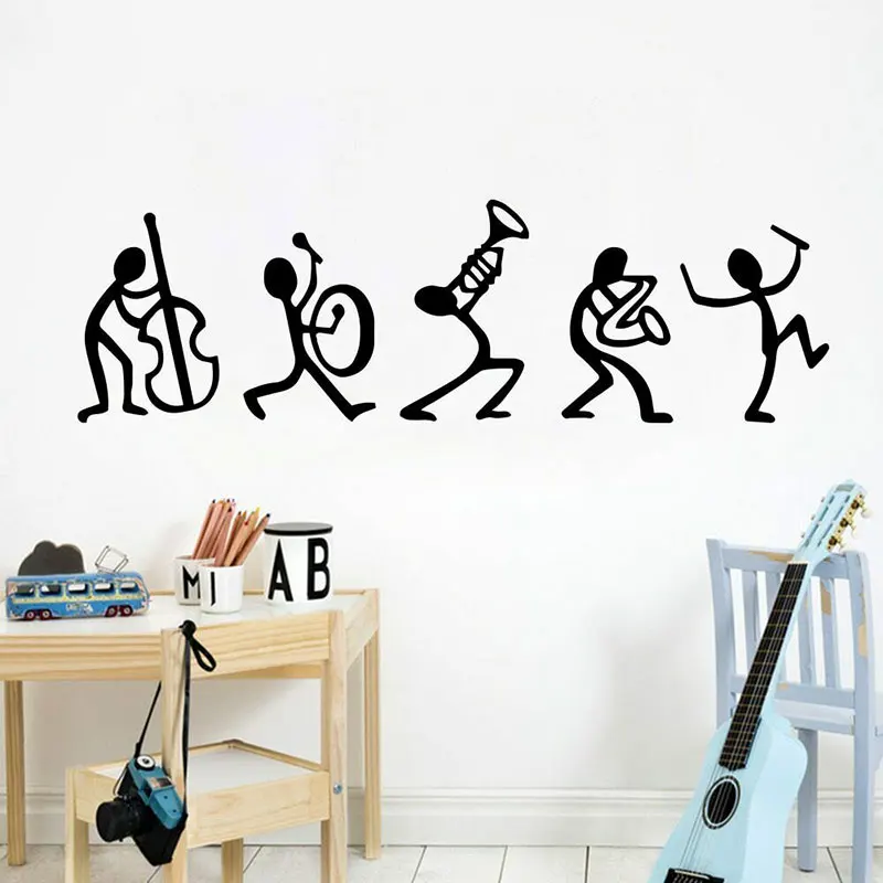 Cartoon Funny Small Men Music Band Guitar Wall Stickers Vinyl Home Decor For Kids Room Playroom Decor Self Adhesive Mural 4069