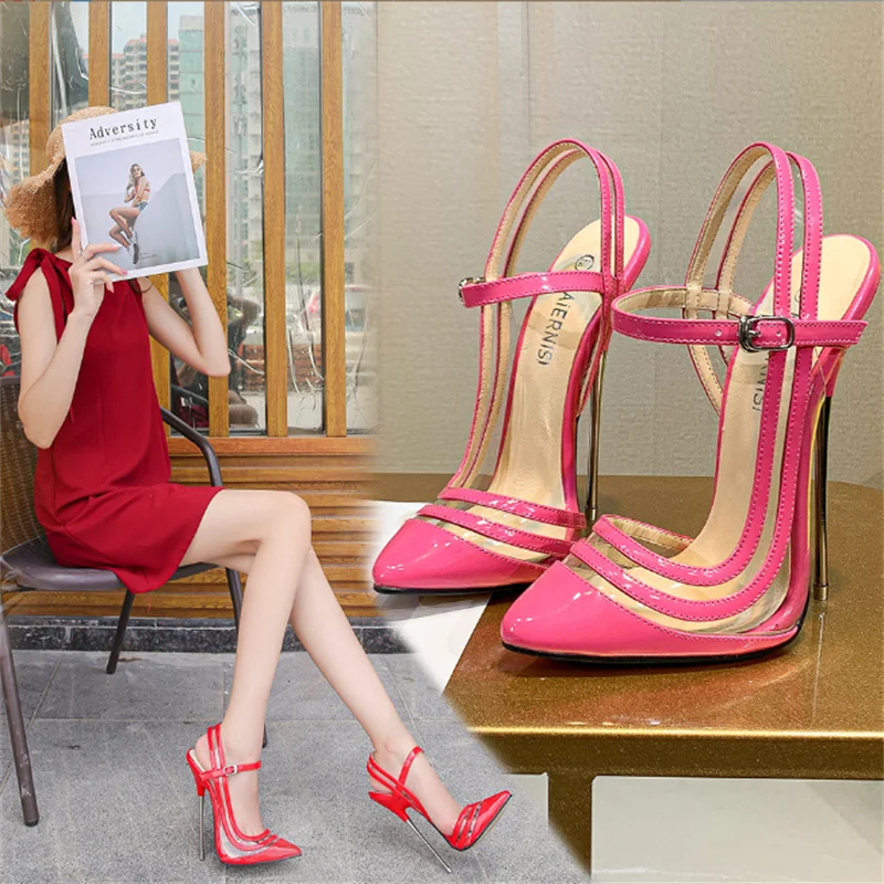 

New 2023 Crossdresser Shoes Zapatos Mujer 16cm Thin Heels Sandals Women Wedding Pumps Bridal Buckle Patent Leather Stiletto