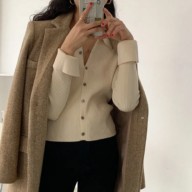 Woman Sweaters Pull Hiver Lapel Knitwear Female Retro Short Cardigan Top Femme Chandails