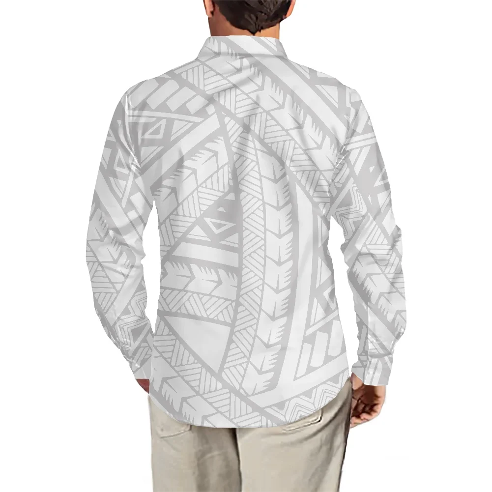 HYCOOL Puletasi White Button Up Shirt Men Autumn Long Sleeve Shirt White Valentiny Samoan Tribal Tattoos Printed Oversized Shirt