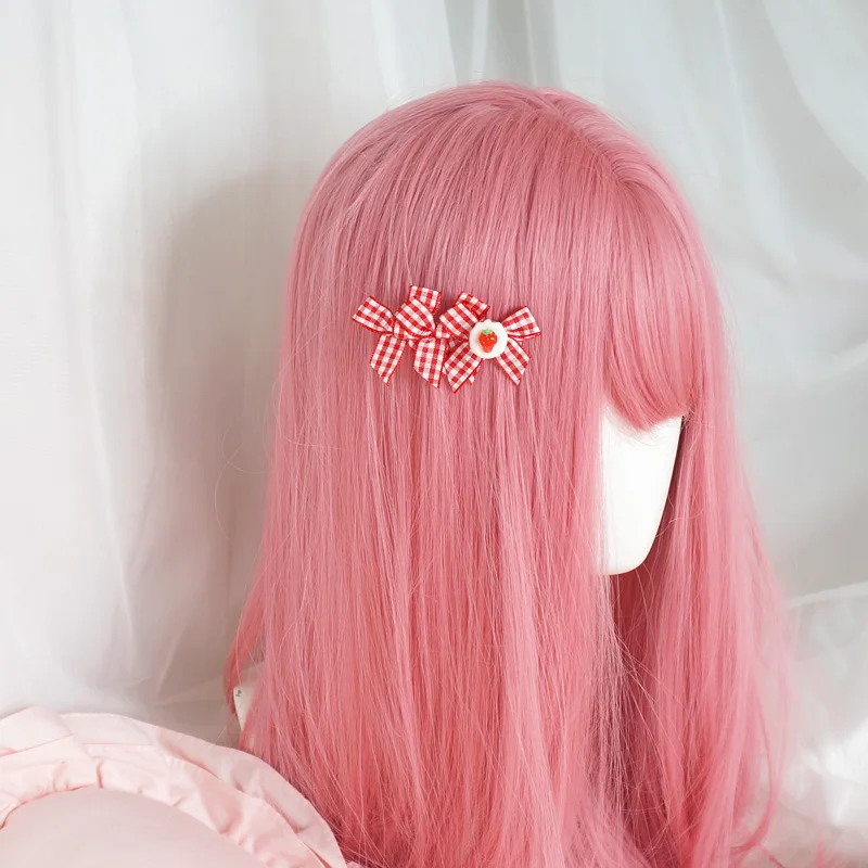 Barrette con fiocco scozzese rosso fragola fragola Lolita Polka punteggiato fragola