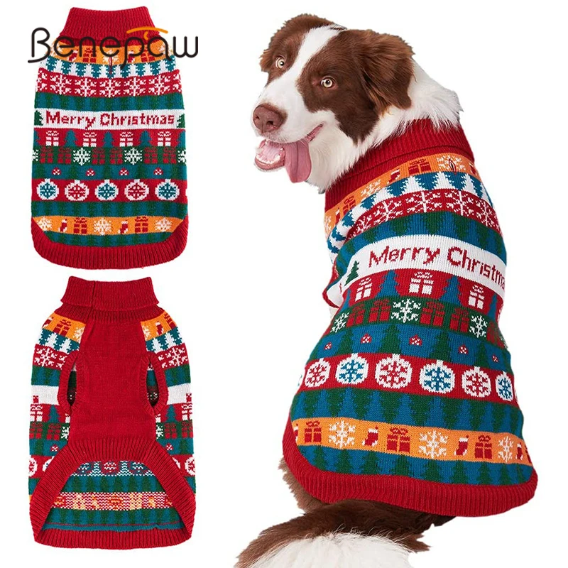 Benepaw Christmas Knitted Dog Sweater Colorful Snowflake Patterns Winter Comfortable Pet Clothes Pullover Soft Keep Warm