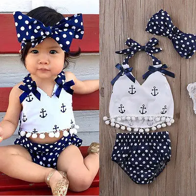 Cute 3Pcs Toddler Baby Girls Hanging Neck V-neck Print Short Top + Polka Dot Print Shorts Bow Head Summer Baby Clothes Set