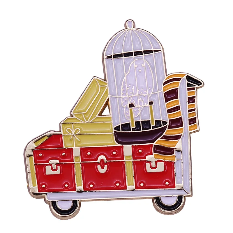 Train boarding scene pin from movie series the philosopher’s stone featuring a white owl and a large trunk.