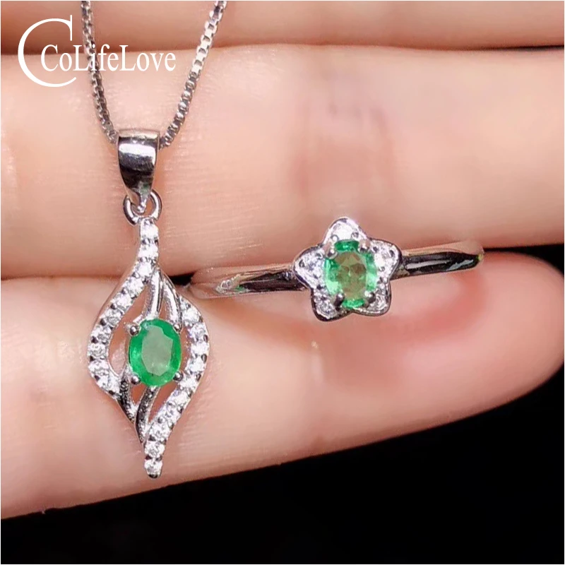 

CoLife Jewelry Natural Emerald Ring Emerald Pendant Set for Wedding Natural Zambia Emerald Silver Jewelry Set Gift for Woman