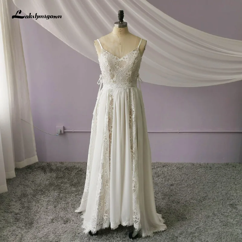 Laksh migown Strand Brautkleider Spitze und Chiffon Sommer Spaghetti träger rücken frei Böhmen Brautkleid abiti da sposa