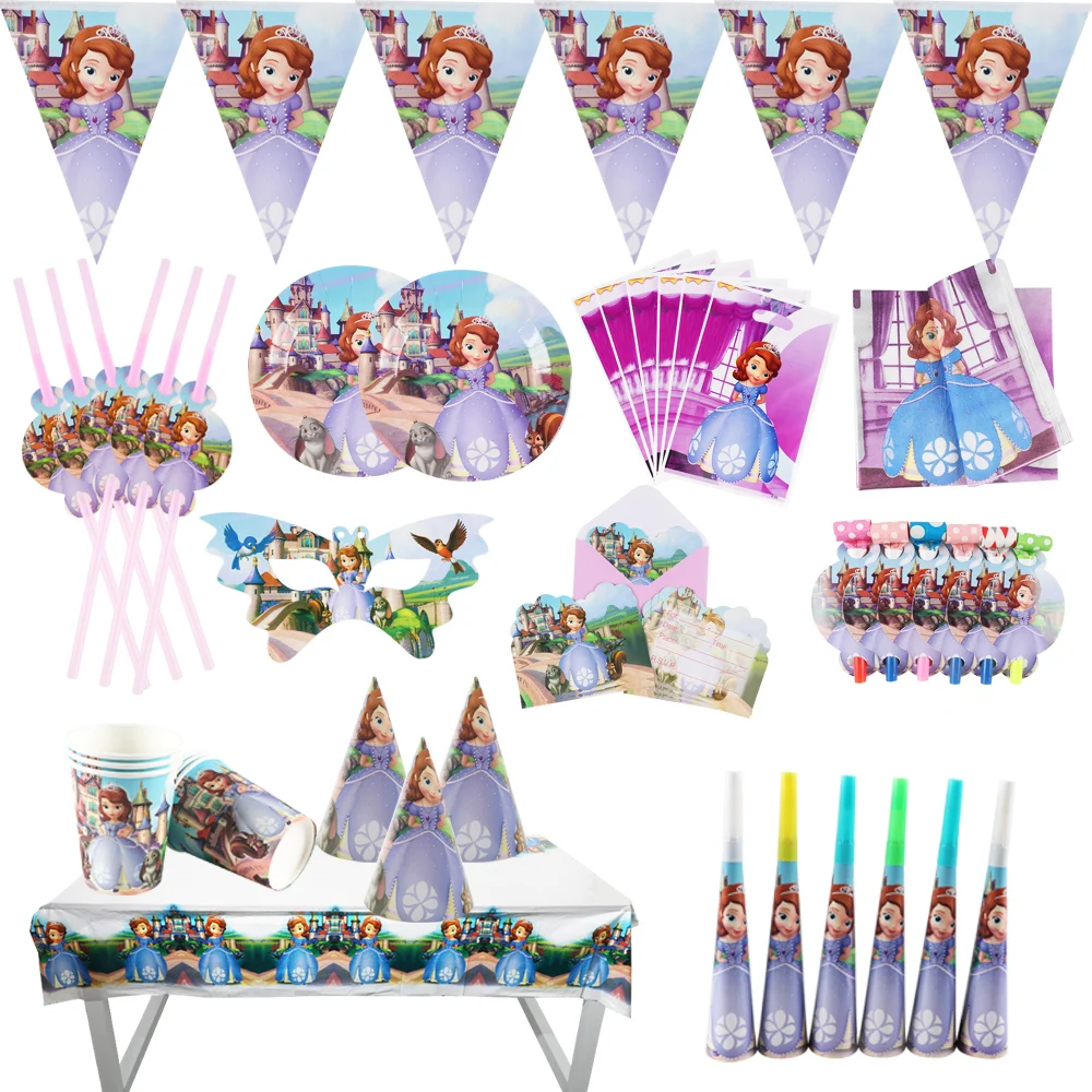 Sofia Disney Princess Girls Birthday Party Decoration Straws Tablecloth Plate Cute Cartoon Disposable Tableware Baby Shower Gift