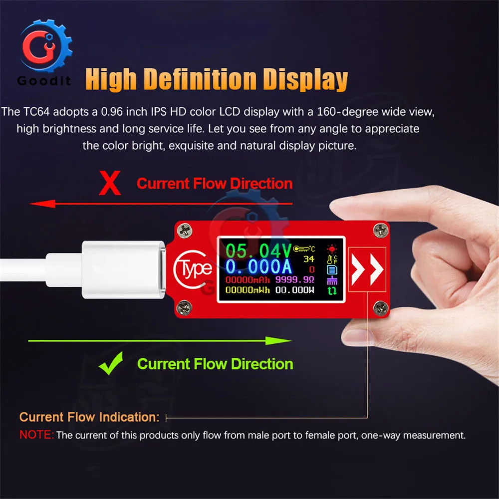 TC64 QC2.0 QC3.0 Type-C color LCD USB Voltmeter Ammeter Voltage Current Meter Multimeter Battery Charger Power Bank USB Tester