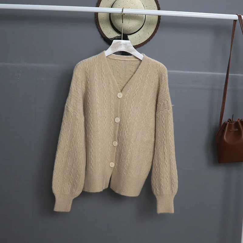 Autumn and Winter Short Thick Needle Linen Twist cardigans women Loose Lantern Sleeve Sweater Lazy Wind Knitted Cardigan Coat