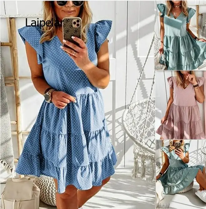 

Fashion Women Summer Dot Print A-Line Dress Ruffles Zipper Decor V-Neck Short Sleeve Casual Loose Pullovers Mini Dress