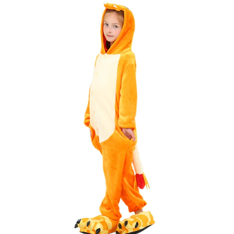 Anime Pokemon Charmander Plush Flannel Pajamas One-piece Suit Long-sleeved Winter Soft Warm Home Clothes Casual Children Gifts