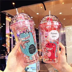 Dinosaur Cute Water Bottle Cartoon Sequins Water Bottles With Straw Lid Student Water Cup BPA Free Children Girl Drinking Bottle
