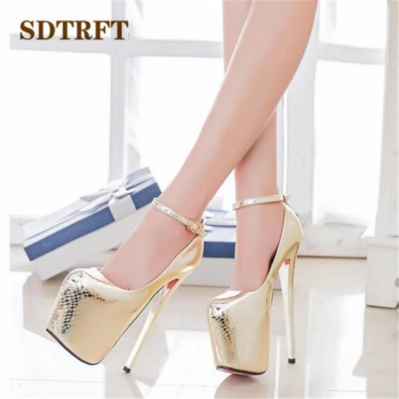 SDTRFT Fashion Pumps Platform shoes woman 20cm Thin heels Gold Sliver Crossdresser Patent Leather Buckle SM Stiletto US17 18 19