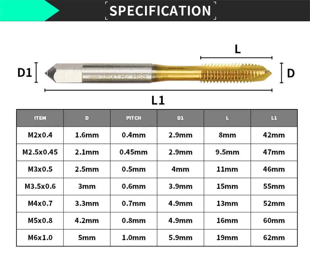 1Pc M2 / M2.5 M3 M3.5 M4 M5 M6 Titanium Coated Hand Faucet Hss Metric Straight Flute Threaded Tap