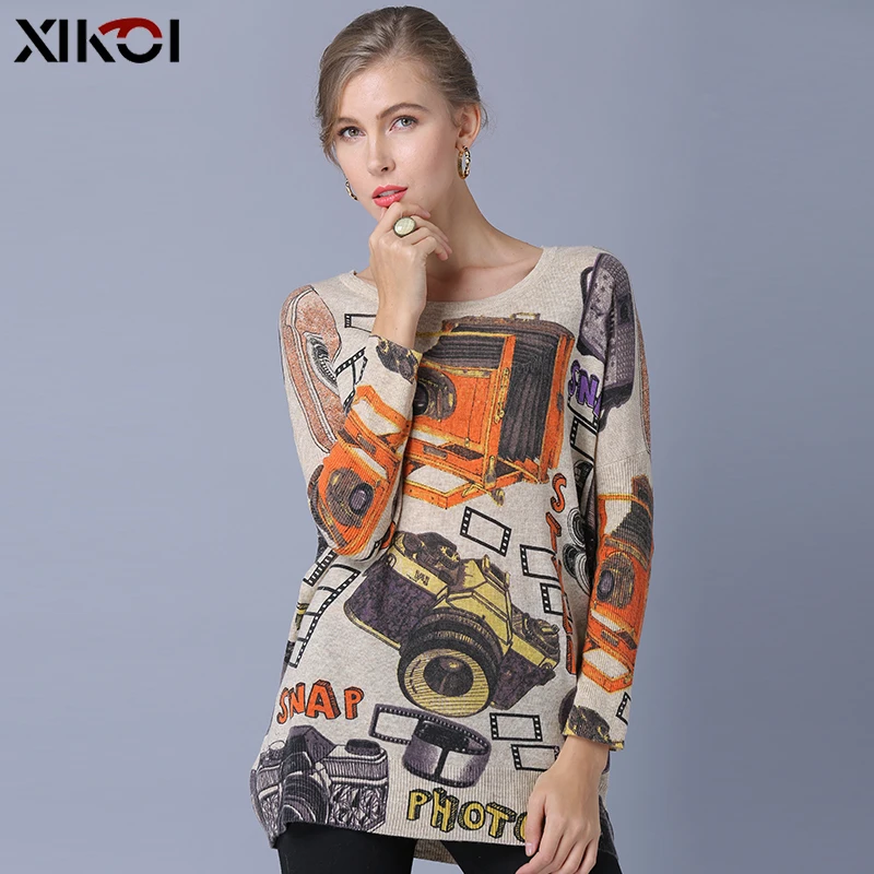 XIKOI Oversized Sweater Women Pullover Fashion Korea Style Art Print Batwing Sleeve O-Neck Casual Computer Knitted Women Jumper